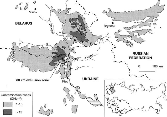 Areas of the Ukraine, Belarus, and the Russian Federation that received high levels of radiation from the Chernobyl accident