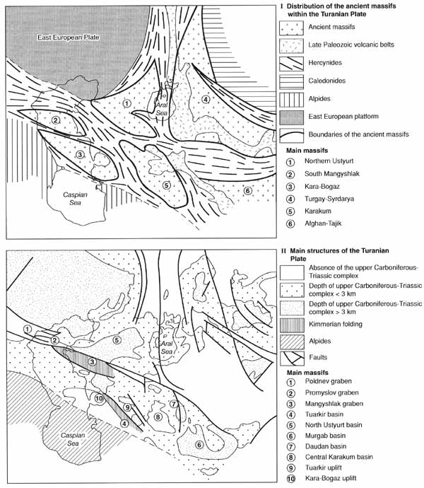 Top: distribution of ancient massifs within the Turanian Plate. Bottom: main structures of the Turanian Plate