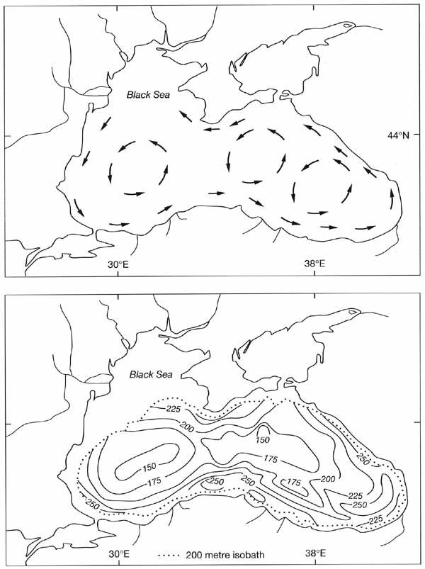 Water circulation in the Black Sea and topography of the upper hydrogen sulphide boundary (m)