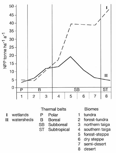 Net primary productivity (NPP) of zonal (watersheds) and azonal (wetlands) ecosystems in major biomes
